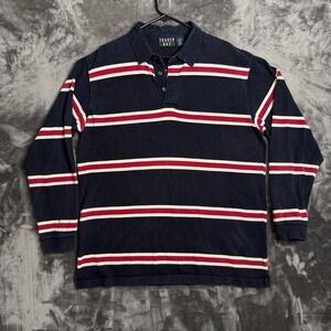 Trader Bay Mens XL Rugby Shirt Long Sleeve Navy Blue Red White Striped Cotton